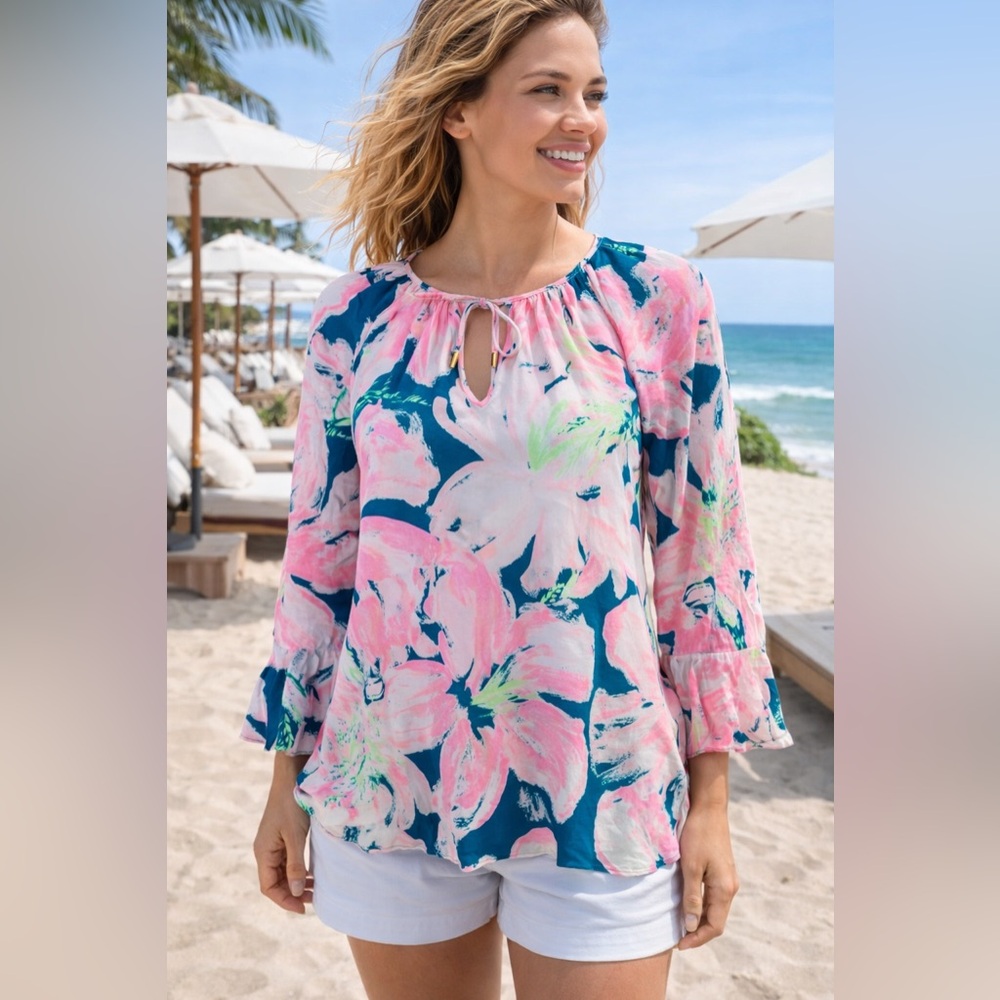 Lilly Pulitzer Pink Teal Floral Keyhole Bell Sleeve Top Resort Blouse Medium‎